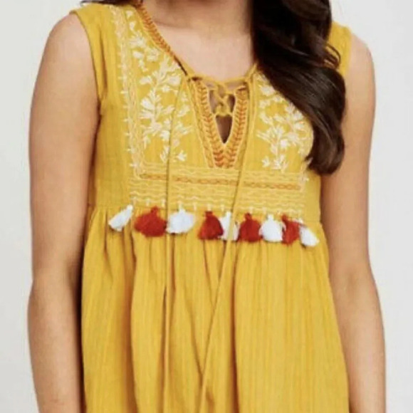 ALTAR'D STATE Mustard Yellow‎ Embroidered Tassel Boho Sleeveless Top - Picture 2 of 9